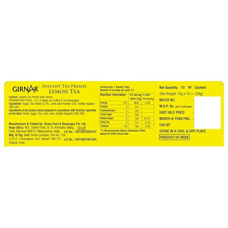 Girnar Instant Premix Lemon Black Tea Granules(10 Sachets), 10 Grams